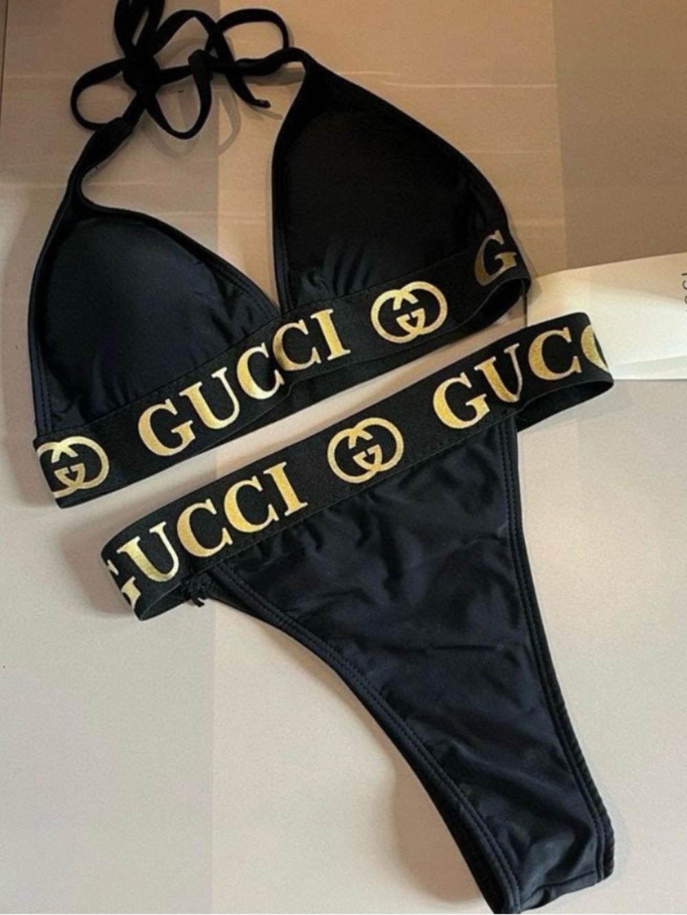 Gucci Black Bikini with Gold Logo Band